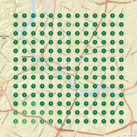 After: Roofing Contractor (Austin Roofing Company), Austin, TX, targeting “roofing companies near me”, Google Maps ranking grid mostly green