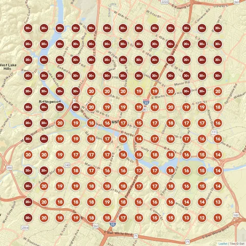 Before: Roofing Contractor (Austin Roofing Company), Austin, TX, targeting “roofing companies near me”, Google Maps ranking grid mostly red