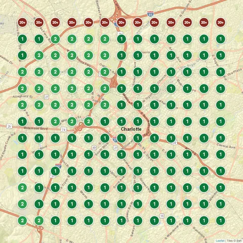 After: Painting Contractor (Queen City Painting Company), Charlotte, NC, targeting “painting contractor charlotte”, Google Maps ranking grid mostly green