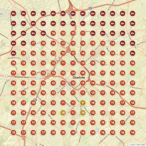 Before: Painting Contractor (Queen City Painting Company), Charlotte, NC, targeting “painting contractor charlotte”, Google Maps ranking grid mostly red