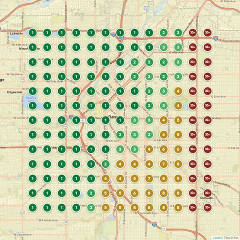 After: Painting Contractor (Paint Denver), Denver, CO, targeting “painter near me”, Google Maps ranking grid mostly green
