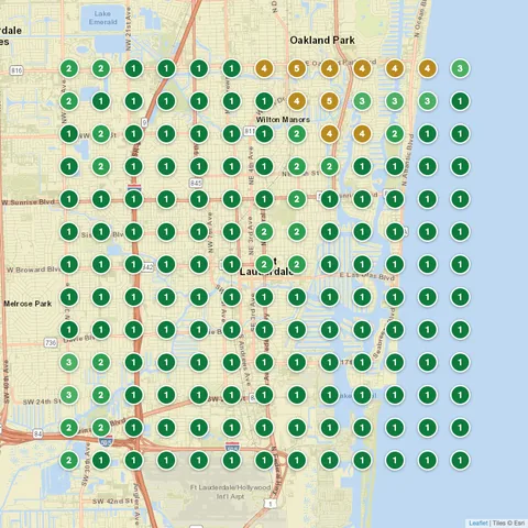 After: Pressure Washing (Paradise Pressure Cleaning and Paver Sealing), Fort Lauderdale, FL, targeting “pressure washing near me”, Google Maps ranking grid mostly green
