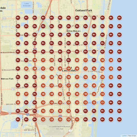 Before: Pressure Washing (Paradise Pressure Cleaning and Paver Sealing), Fort Lauderdale, FL, targeting “pressure washing near me”, Google Maps ranking grid mostly red