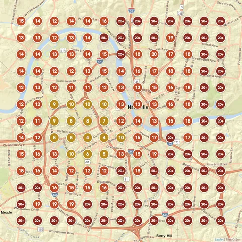 Before: Roofing Contractor (Henry & Sons Roof Repair), Nashville, TN, targeting “roofers near me”, Google Maps ranking grid mostly red