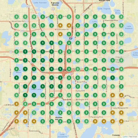 After: HVAC Repair (Our Place Air & Home Repair), Orlando, FL, targeting “ac repair near me”, Google Maps ranking grid mostly green