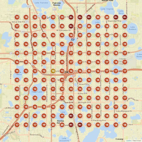 Before: HVAC Repair (Our Place Air & Home Repair), Orlando, FL, targeting “ac repair near me”, Google Maps ranking grid mostly red