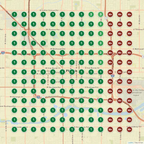 After: Garage Door (Precision Garage Door Service of Phoenix), Phoenix, AZ, targeting “garage door repair”, Google Maps ranking grid mostly green