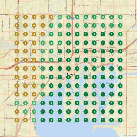 After: Plumber (Olin Plumbing Inc.), Tampa, FL, targeting “plumbing company near me”, Google Maps ranking grid mostly green
