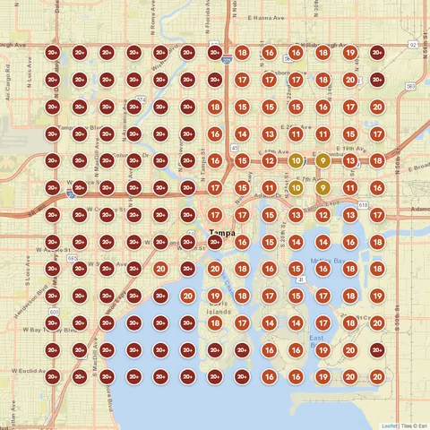 Before: Plumber (Olin Plumbing Inc.), Tampa, FL, targeting “plumbing company near me”, Google Maps ranking grid mostly red