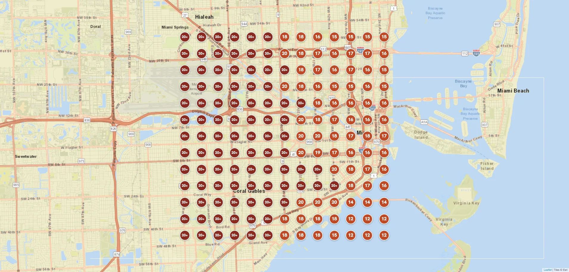 Before: Miami ranking map for Solaris, best rank 12, most zones outside the top 20