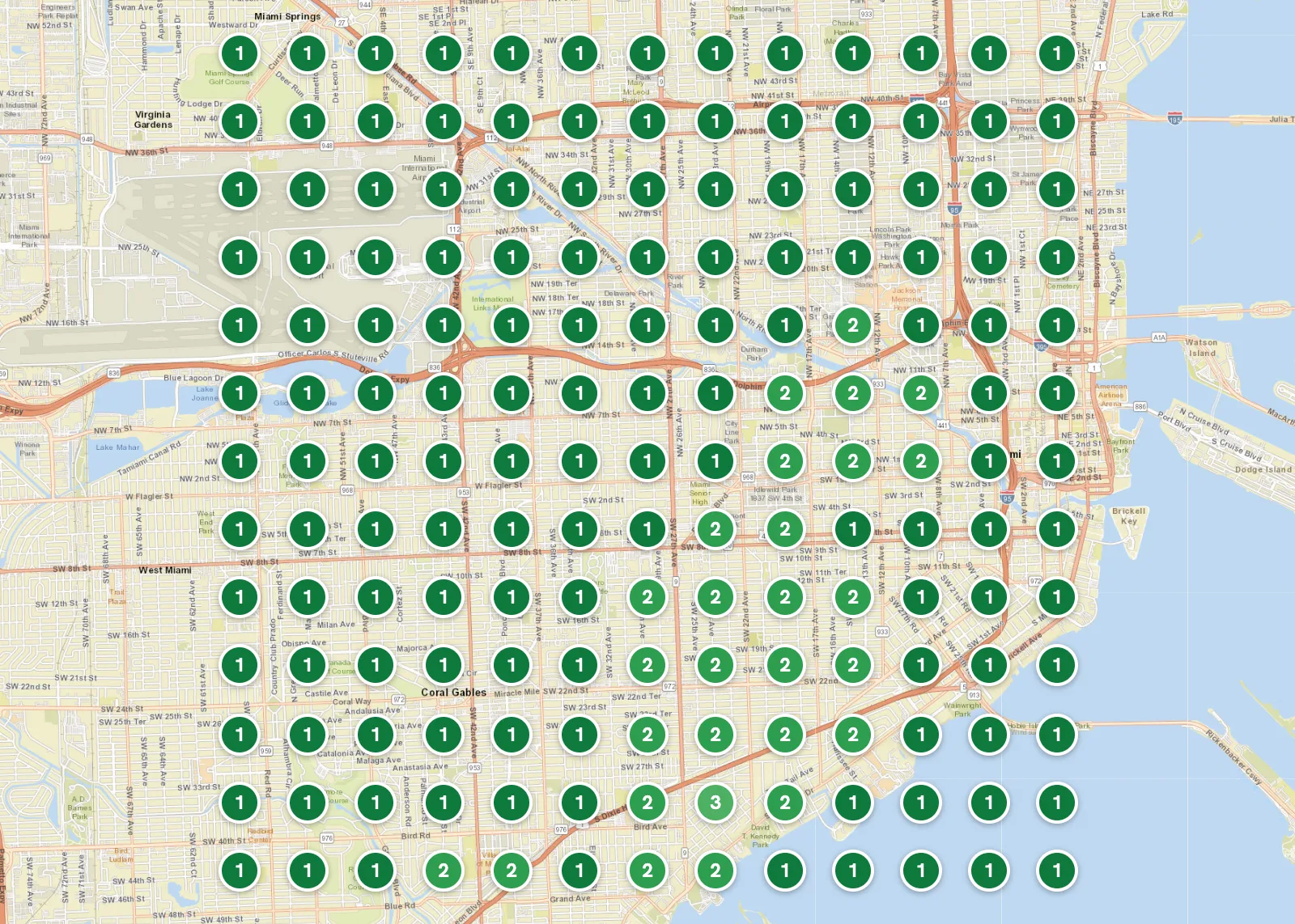 After: Miami ranking map for Solaris, every zone in the top 3 and 141 of 169 ranked first for solar panel cleaning miami